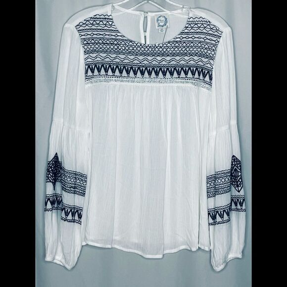 NWT Blue Rain Francesca’s White BOHO Blue Embroidered Blouse XS - Picture 1 of 7